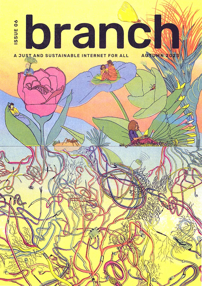 Cover image of magazine with flowers and roots made of wires.