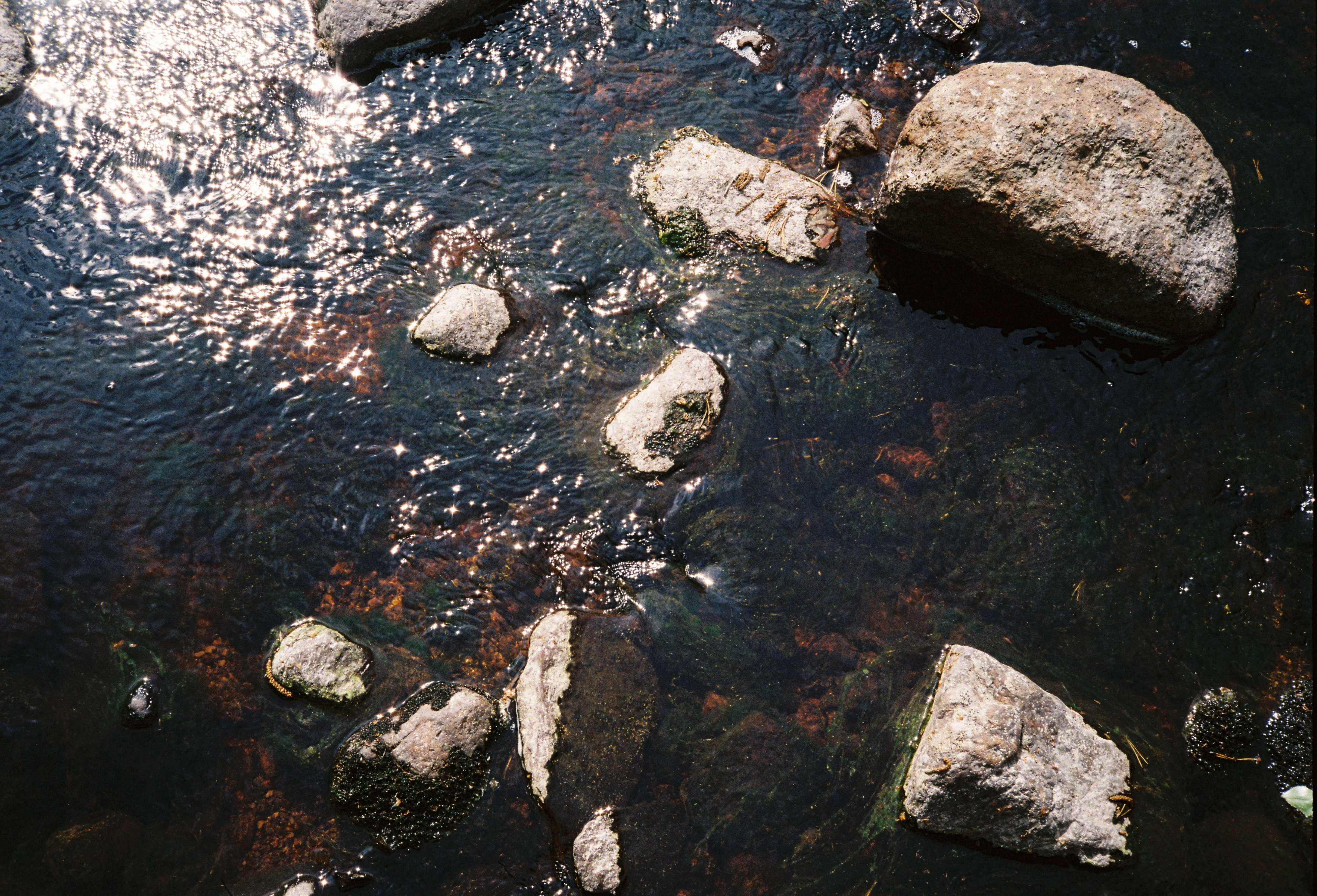 Water in small brook surroundd by rocks and moss.